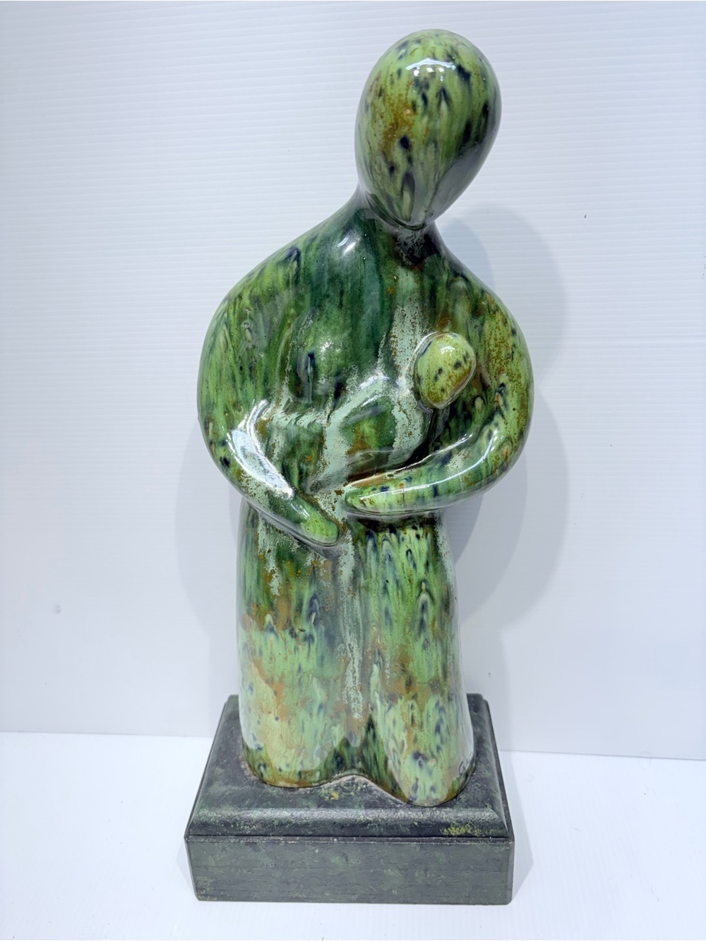 Abstract Green Ceramic Mother and Child Sculpture - Home Art - Very Heavy